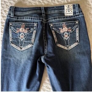 Grace in LA Jeans 30 Easy Fit Bootcut Western Longhorn Rhinestone Bling Flap y2k